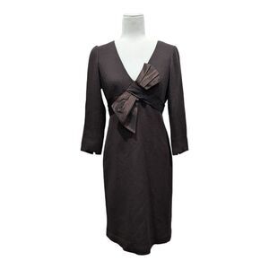Rickie Freeman for Teri Jon Chocolate Brown 100% Wool Crepe Tuxedo Bow Dress, 6